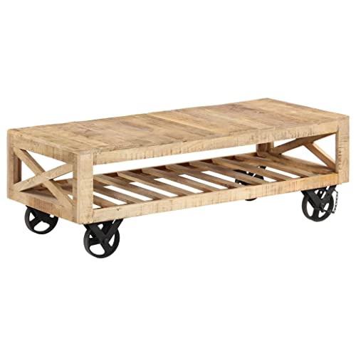 Rustic Coffee Table with Wheels - Solid Mango Wood