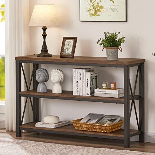 Rustic Console Table Behind Couch with Shelves