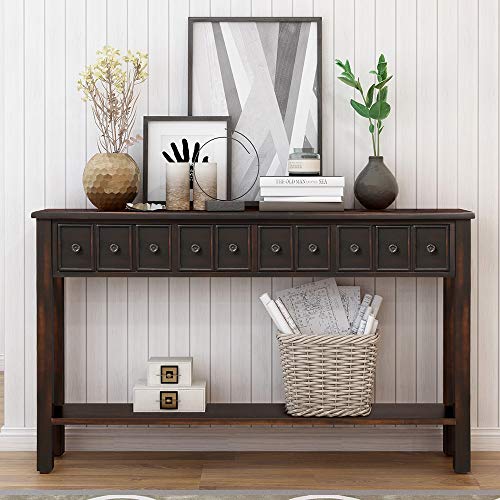 Rustic Entryway Console Table with Drawers and Bottom Shelf