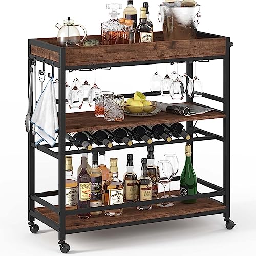Rustic Oak Bar Cart with Wine Rack and Glass Holder
