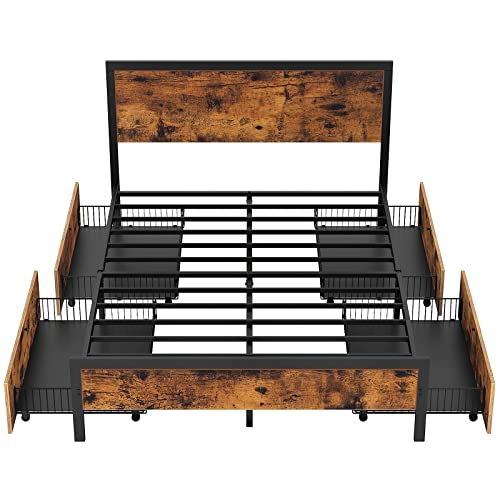 Rustic Queen Bed Frame with 4 Drawers and Metal Platform