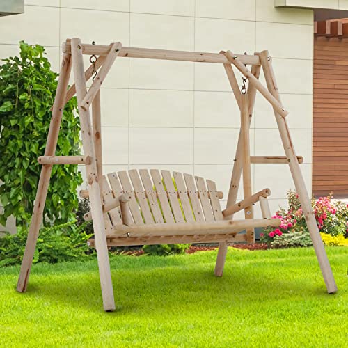 Rustic Swing Chair with Armrests - Natural Pine Logs - Heavy Duty 650 LBS