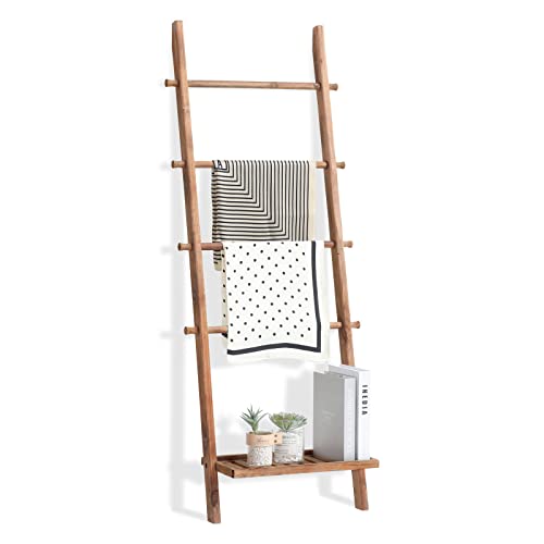 Rustic Wood Blanket Ladder with Bottom Shelf