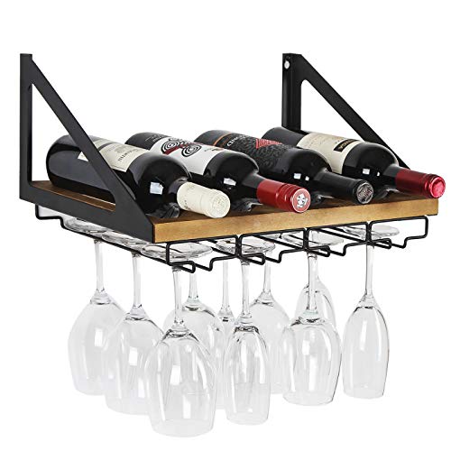 Rustic Wood Wall Mount Wine Rack with Glass Holder