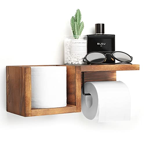 Rustic Wooden Toilet Paper Holder with Shelf