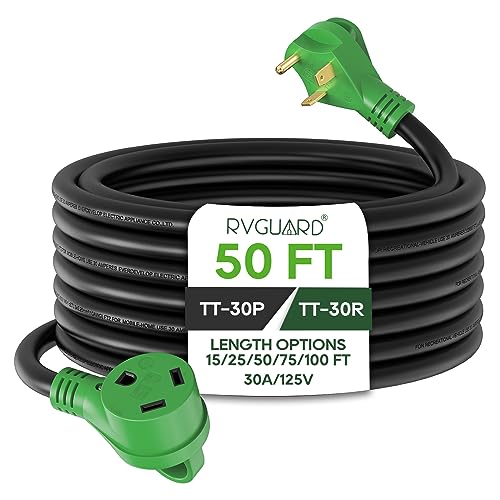 RVGUARD 30A 50ft Heavy Duty RV Extension Cord with LED Power Indicator in Green
