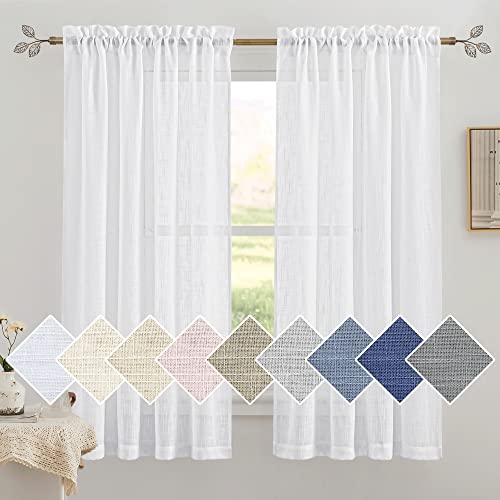 RYB HOME Semi Sheer Curtains Linen Textured Window Panels, Rod Pocket, Indoor, White, 52 x 63 Inch Length 2 Panels
