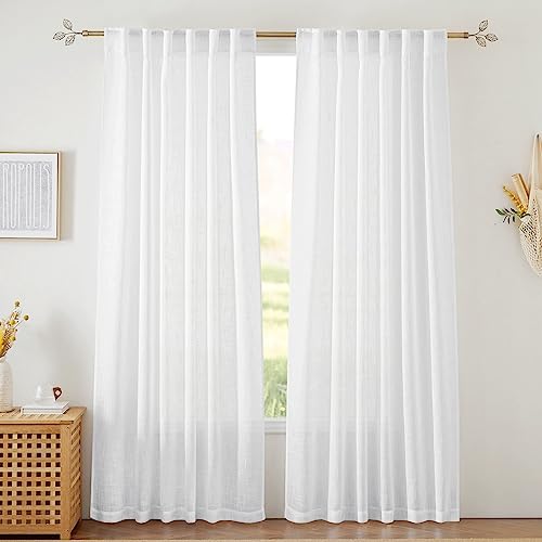 RYB HOME White Sheer Curtains Linen Texture Window Panels, Semi Sheer Drapes, 52 x 84, Pack of 2