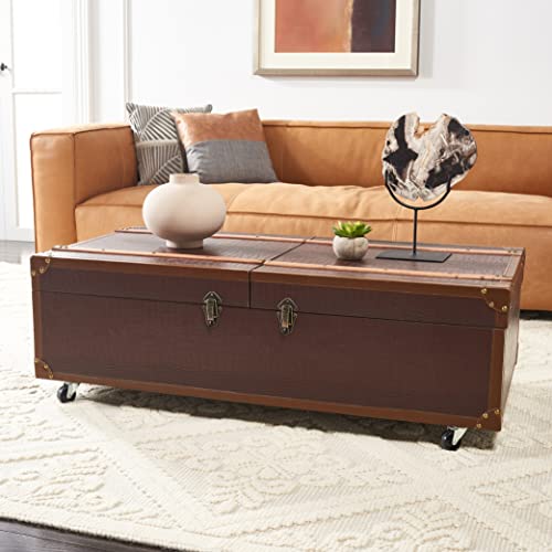 Safavieh Home Zoe Brown Faux Leather Storage Trunk Coffee Table with Wine Rack