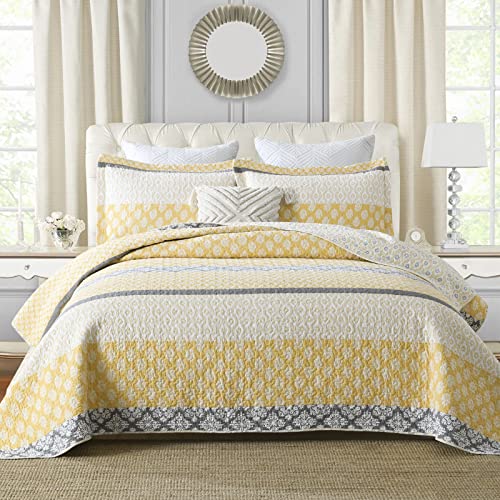 SahSahCasa Floral Quilt Bedding Set, Yellow/Gray, Queen Size