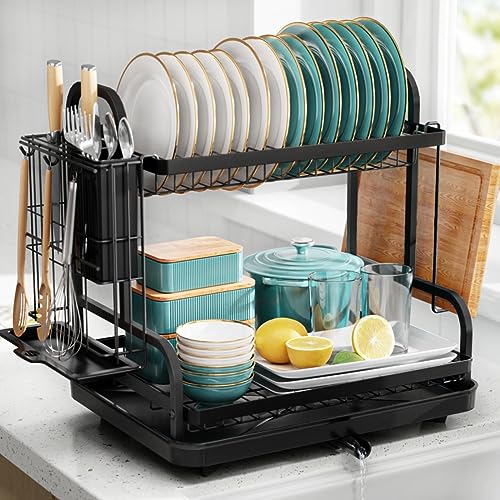 Qienrrae Dish Drying Racks for Kitchen Counter, Stainless Steel 2 Tier  Black Dish Dryer Rack with Drainboard Set, Large Dish Drainers with Wine  Glass