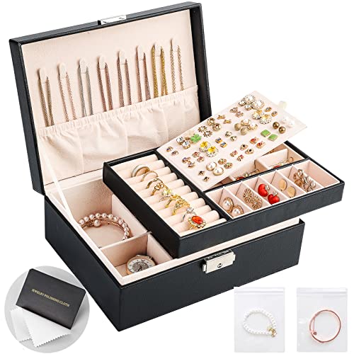 Sanikeon Jewelry Boxes for Women Girls 2 Layers Jewelry Organizer Box leather Jewelry Case with Lock Jewelry Storage Box Removable Tray for Necklace Earring Ring with Polishing Cloth and Jewelry Bags