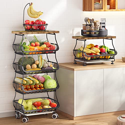 SAYZH 5-Tier Stackable Fruit & Vegetable Storage Cart with Wood Top