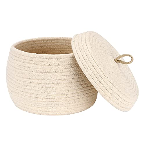 Sea Team Cotton Rope Storage Basket with Lid (Small, Cream)