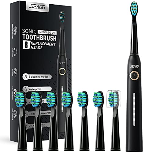 SEAGO Adult Sonic Toothbrush: 8 Heads, 5 Modes, 30-Day Charge, Timer