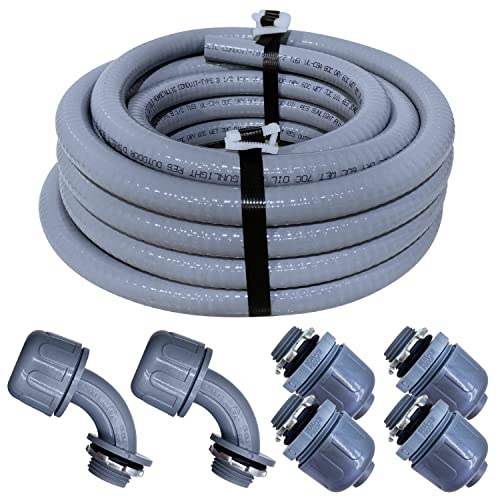 Sealproof 1/2-Inch Non-Metallic Liquid-Tight Conduit and Connector Kit, 25 Foot Made in USA Flexible Electrical Conduit Type B with 4 Straight and 2 90-Degree Conduit Connector Fittings, 1/2" Dia