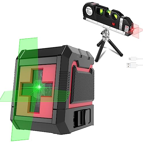 Self-Leveling Laser Level, Qooltek Laser Level Self leveling Green and Red Cross Line, Alignment Laser Tool for Picture Hanging and DIY Application, Battery Carrying Bag Included