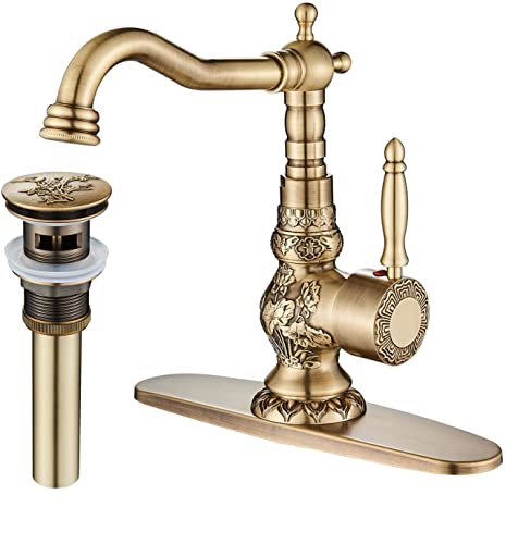 Senlesen Antique Brass Bathroom Faucet with Pop Up Drain