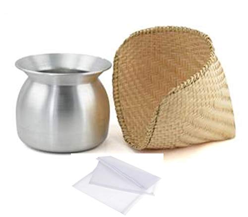 Set 3 =Thai Lao Pot+sticky Rice Steamer Basket Container Bamboo+white Cloth Cook