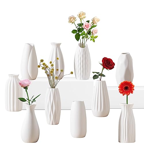 Set of 10 White Ceramic Bud Vases