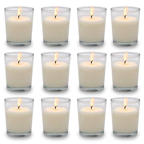 Set of 12 White Votive Candles Clear Glass Filled Unscented Soy Wax Candle for Home Décor Spa Weddings Birthday Holidays Party and DIY