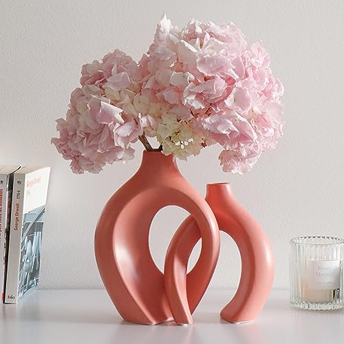 Set of 2 Pink Ceramic Vases for Aesthetic Home Decor