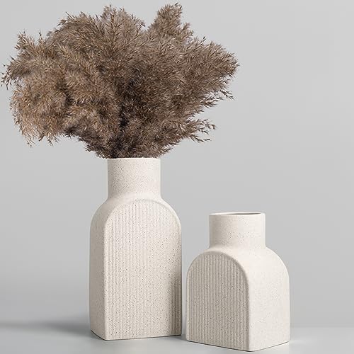 Set of 2 White Ceramic Vases for Modern Home Decor