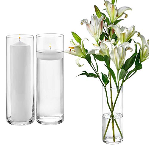 Set of 3 Glass Cylinder Vases - Multi-use: Pillar Candle, Floating Candles Holders or Flower Vase