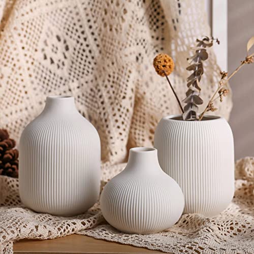 Set of 3 White Ceramic Vases for Modern Decor