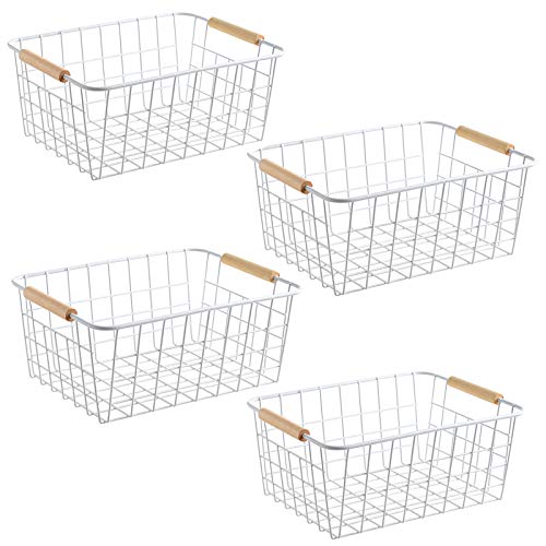 Set of 4 White Wire Storage Baskets with Handles