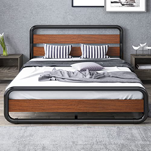 SHA CERLIN Metal Bed Frame with Wooden Headboard, Storage, Walnut