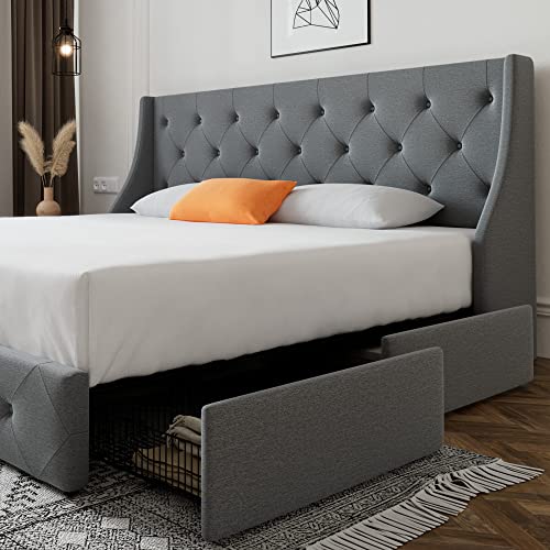 SHA CERLIN King Size Platform Bed Frame with 4 Storage Drawers and Wingback Headboard, Diamond Stitched Button Tufted Design, No Box Spring Needed, Light Grey