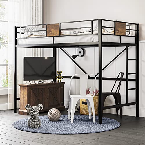 SHA CERLIN Metal Loft Bed Frame with Stairs & Full-Length Guardrail, Space-Saving, Black