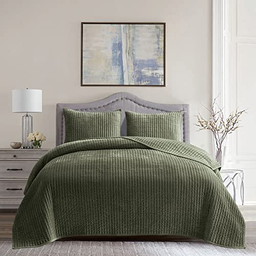 SHALALA Velvet Quilt Queen Size Bedding Set (Army Green)