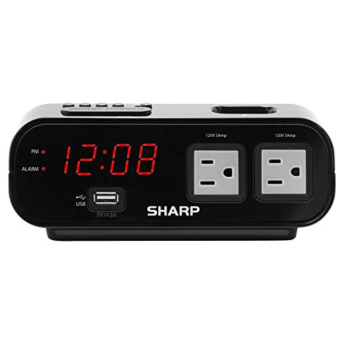 SHARP Digital Alarm Clock with Power Outlets - Grey Outlets