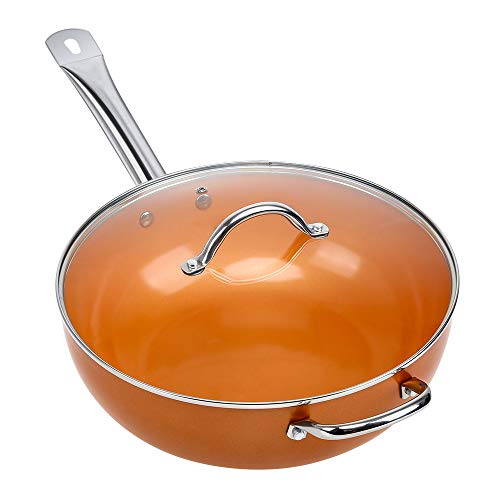 SHINEURI 12 Inch Nonstick Ceramic Copper Wok Pan with Induction Lid