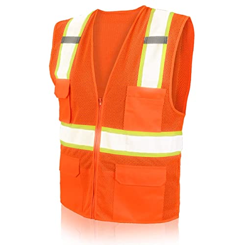 SHORFUNE High Visibility Breathable Mesh Safety Vest with 10 Pockets, Mic Tabs, Zipper and Reflective Strips, Reflective Construction Vest for Men and Women, ANSI/ISEA Standards, Orange, XXL