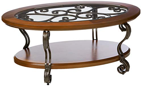 Ashley Nestor Traditional Oval Coffee Table with Beveled Glass Top, Dark Brown
