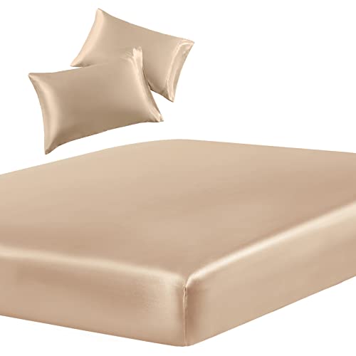 Soft Satin Queen Fitted Sheet & Pillowcase Set, Beige, Wrinkle-Free