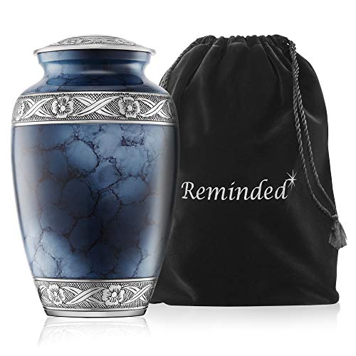 Silver and Blue Adult Funeral Urn with Velvet Bag
