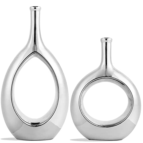 Silver Ceramic Flower Vase Set - Modern Geometric Design