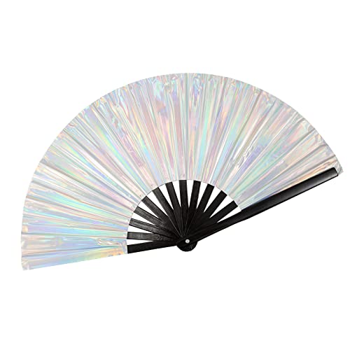 Silver Laser Rave Hand Fan - Large Folding Fan for Festivals