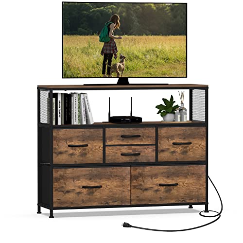 Simoretus TV Stand with Power Outlet and Fabric Drawers Entertainment Center