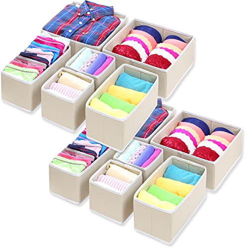 Foldable Cloth Storage Box Organizers for Underwear, Beige (Set of 12)