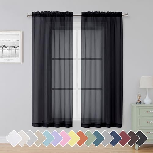 Simplebrand Black Sheer Curtains 63 Inch Length 2 Panels