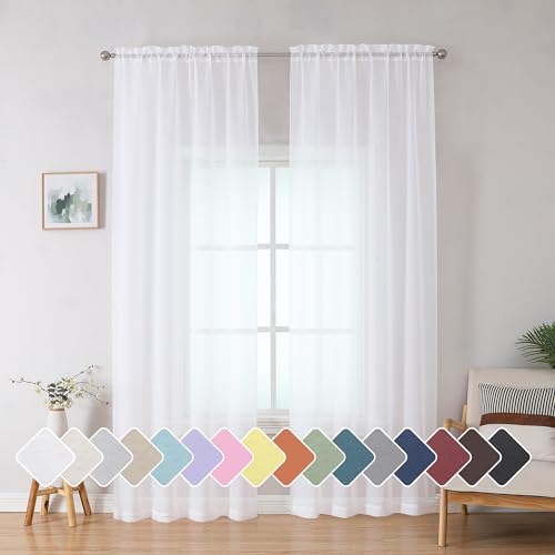 Simplebrand Sheer White Curtains 84 inches Length 2 Panels Set
