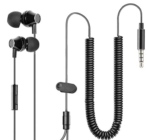 Simpoku Long Cord Laptop Computer Earbuds, Mic & Spring Cord, in-Ear Wired Headphones for Zoom Meetings or TV