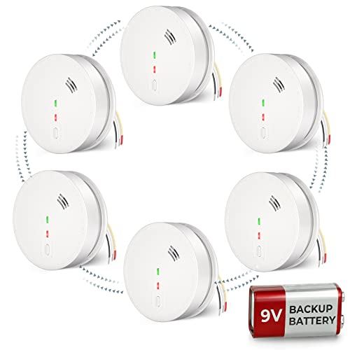 SITERWELL Smoke Detector, Hardwired Photoelectric Smoke Alarm with DC 9V Backup Battery & Interconnected, Fire Alarm with Silence Button, GS517, 6 Packs