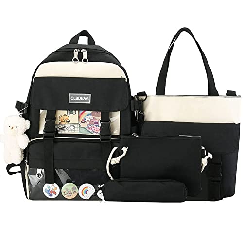Skyearman Kawaii School Bag Set with Bear Pendant (Black)