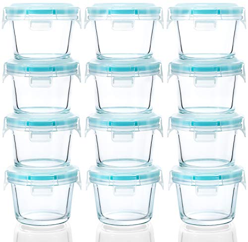 lunchley Glass Food Storage Container 4 oz | Set of 12 | Small Food Jars  with Airtight BPA Free Plastic lids | for Food Portion, Dips, Sauces 